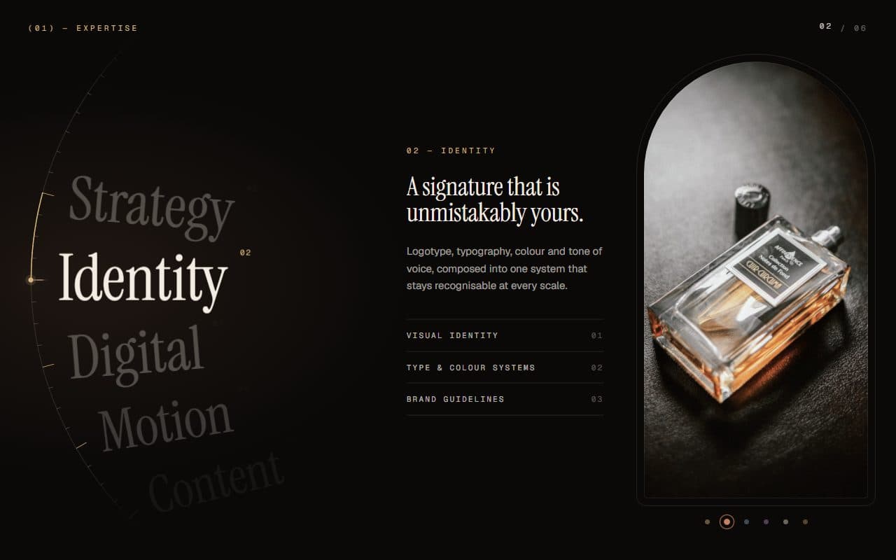 GSAP Scroll Dial Services Index with WebGL Glass Arch animation preview